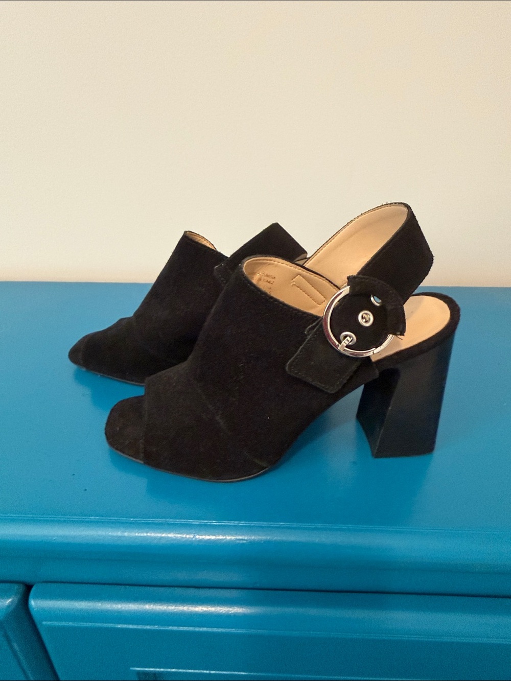 Aldo Black Suede Peep-Toe Block Heel Slingback Sandals - 3.5”